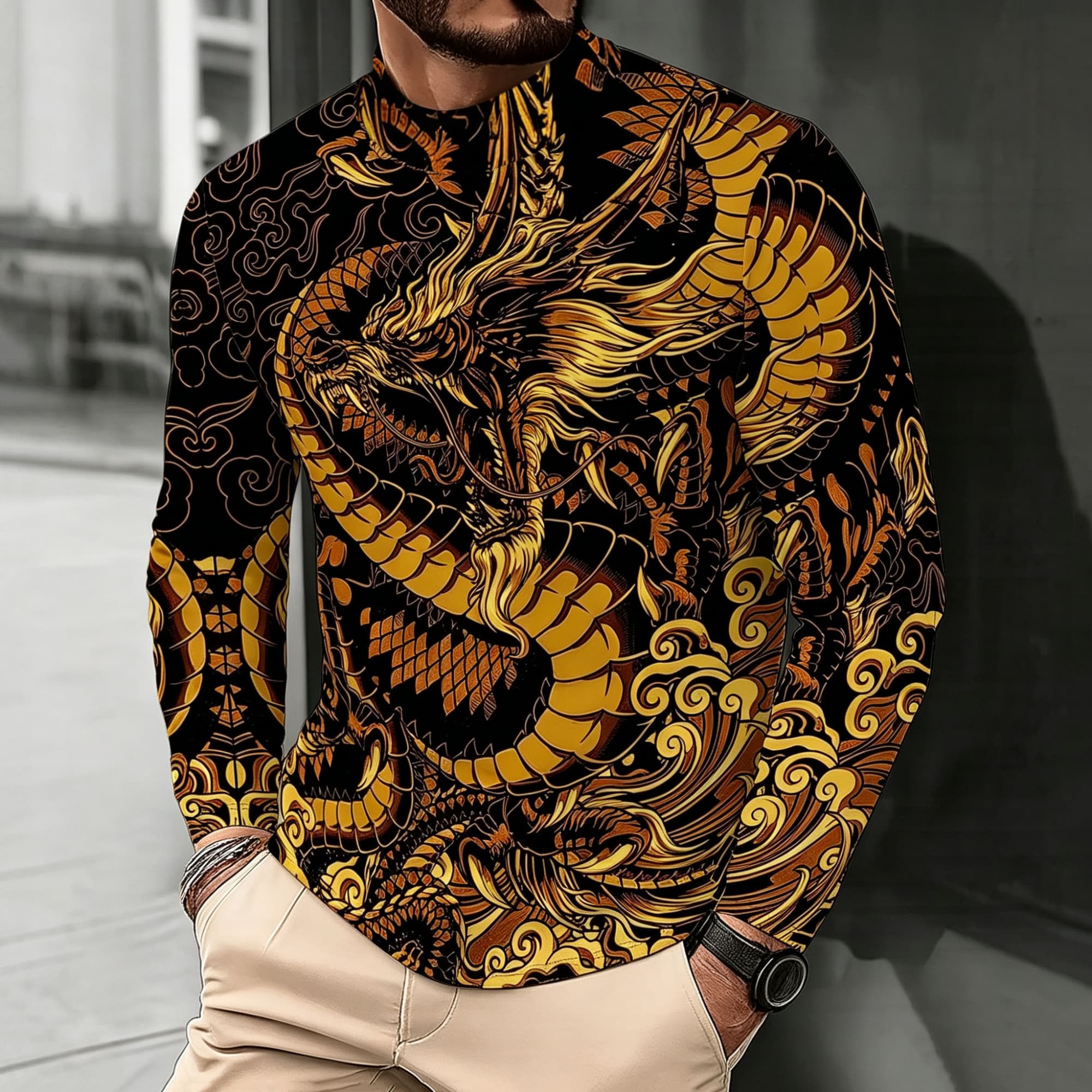 Street Fashion Asian Men - Camiseta de manga larga con cuello